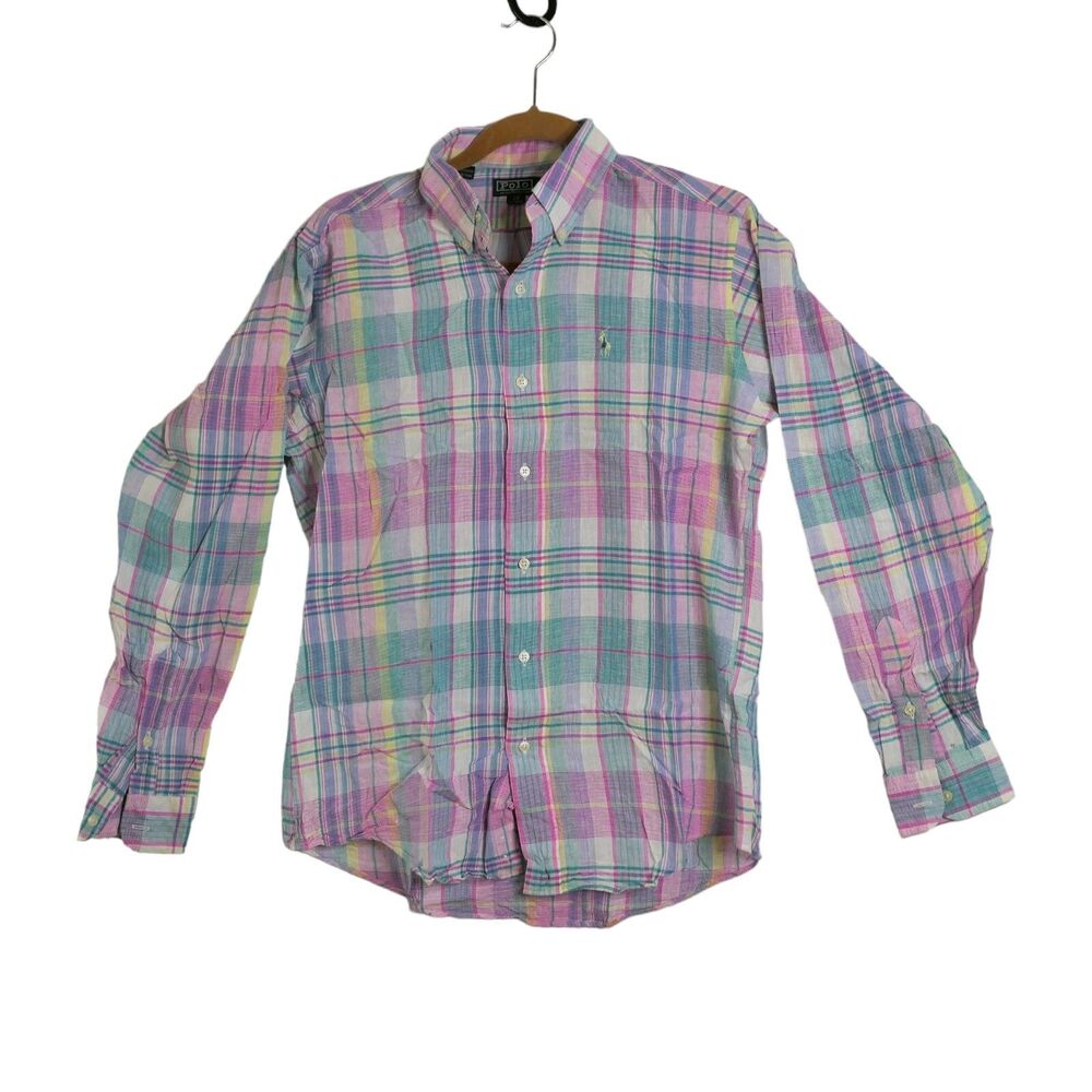 VTG Polo Ralph Lauren Sz М ? 100% Cotton Pastel Plaid Madras Long Sleeve Shirt